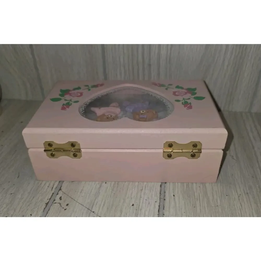 Vintage Wooden Jewelry Box Pink Ballerina Bears Painted Flowers Mirror Childs